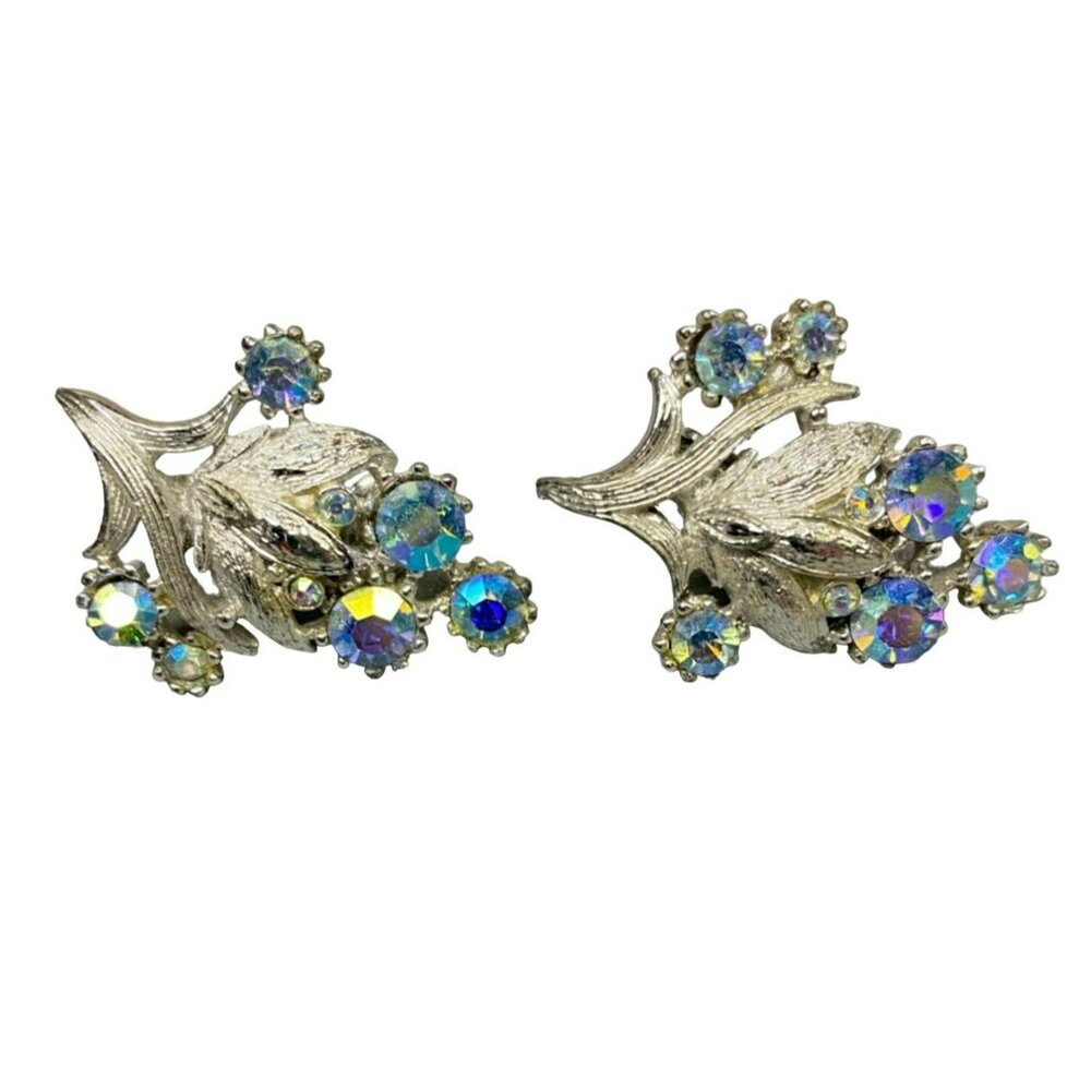Vintage CORO Signed Aurora Borealis Blue Rhinestone Clip on Earrings MCM